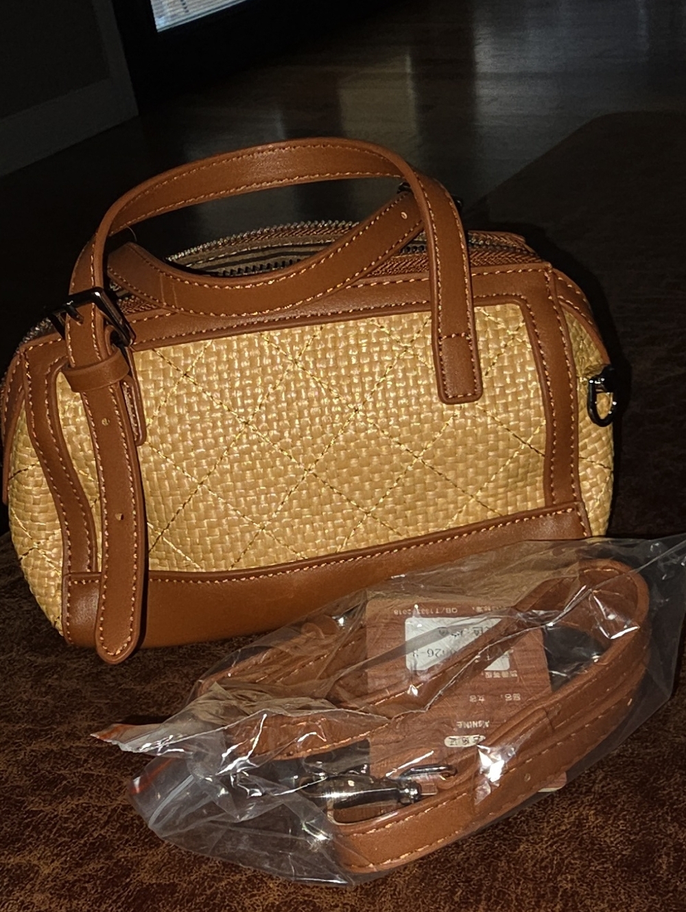 Woven Barrel Satchel Handbag - Tan/Beige